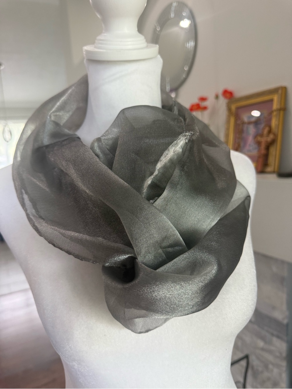 Vintage Musthaves Silver Gray Sheer Organza Pull Through Neck Scarf Nylon